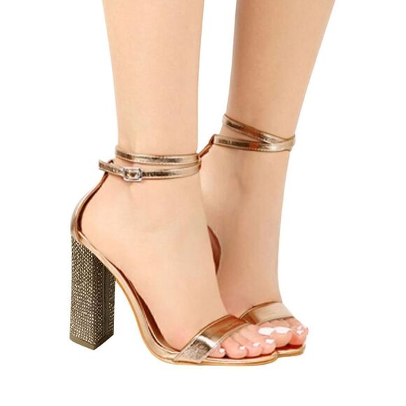 strappy Womens Solid Color Rhinestone Chunky High Heel Buckle Peep Toe Sandals - Picture 2 of 9